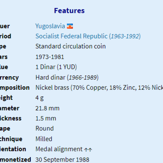 Yugoslavia 1 Dinar (1973-1981)