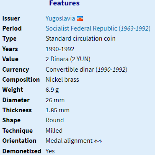 Yugoslavia 2 Dinara (1990-1992)
